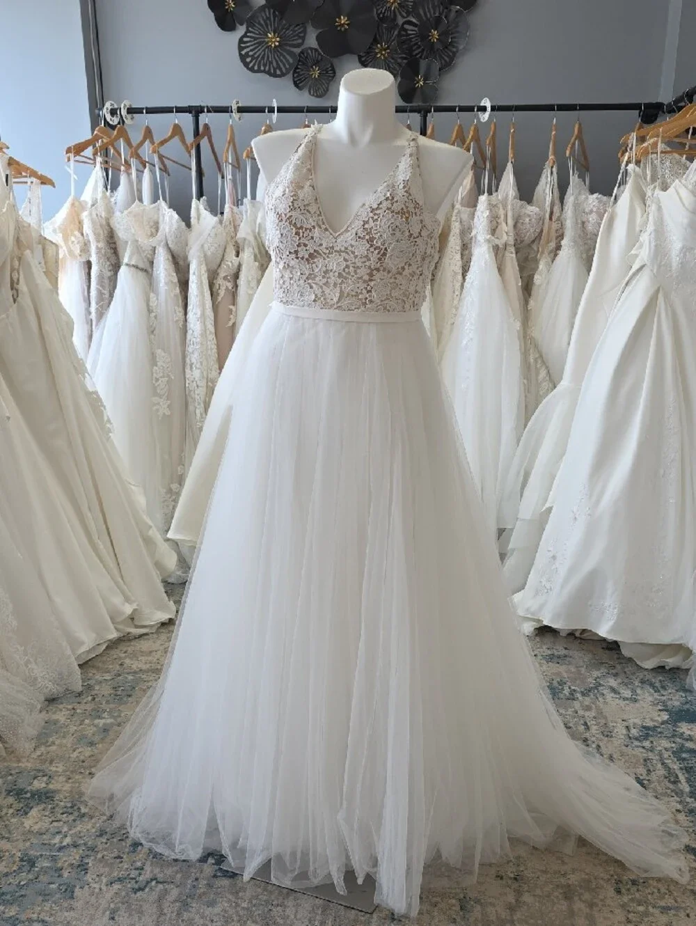 Sleeveless V-Neck Lace Bodice White Wedding Dress